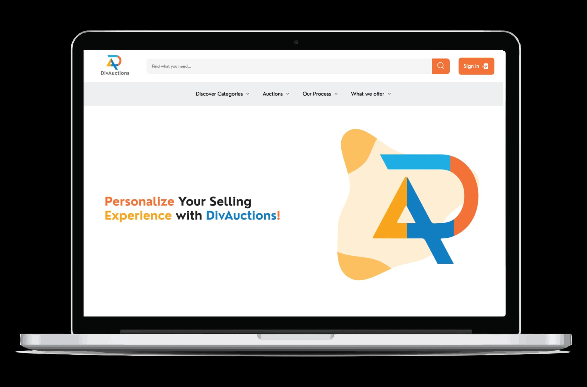 A laptop screen displaying the DivAuctions platform interface with a vibrant logo and the tagline "Personalize Your Selling Experience with DivAuctions.