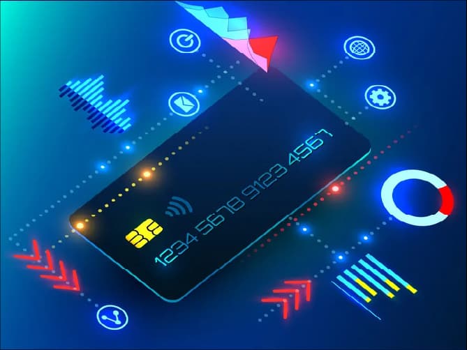 Illustration of a digital credit card with payment icons and data analytics, showcasing instant payment technology.