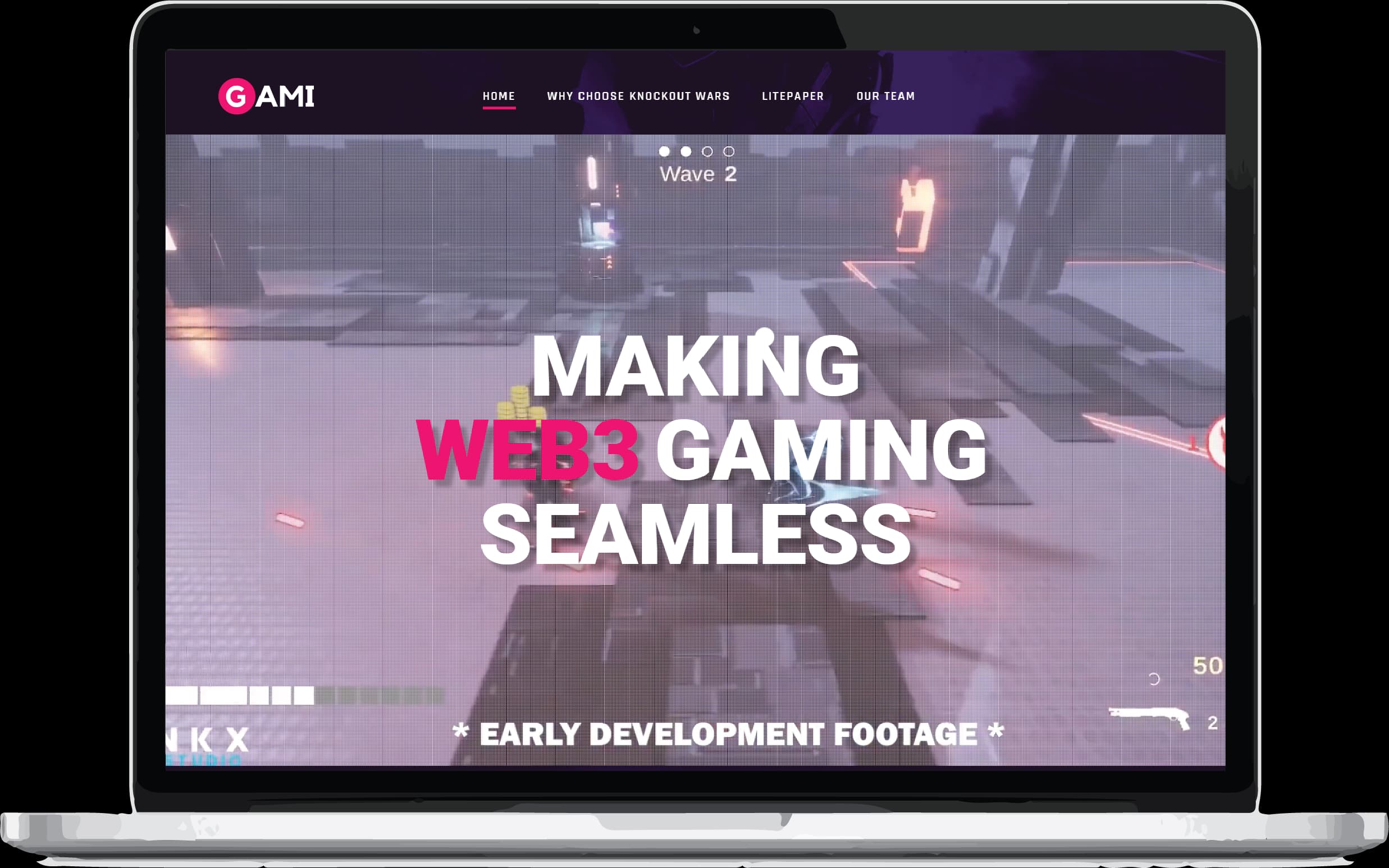 A laptop screen displaying the Gami project homepage with the tagline 'Making Web3 Gaming Seamless,' showcasing the early development footage of a Web3 gaming interface.