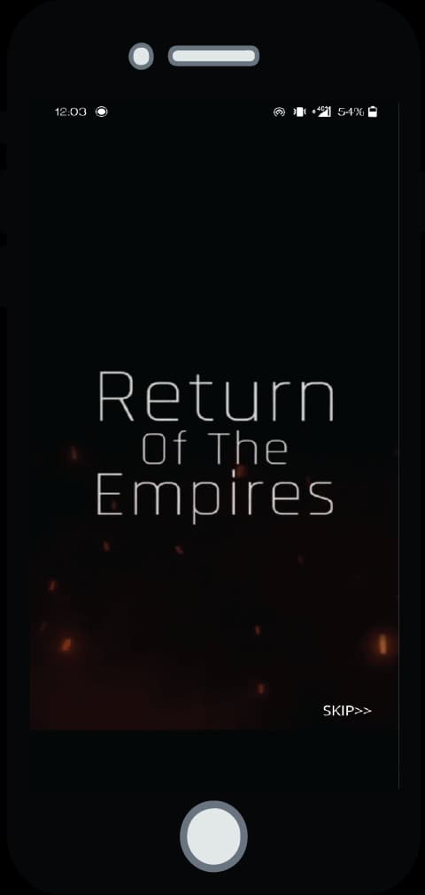 Mobile screen displaying the opening screen of the Gami mobile crypto game, titled Return of The Empires, with an immersive dark background and an option to skip.