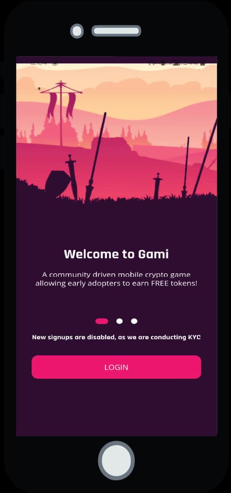 Mobile screen displaying the Gami welcome screen with a scenic background of a battlefield and the text Welcome to Gami. A community-driven mobile crypto game allowing early adopters to earn free tokens.