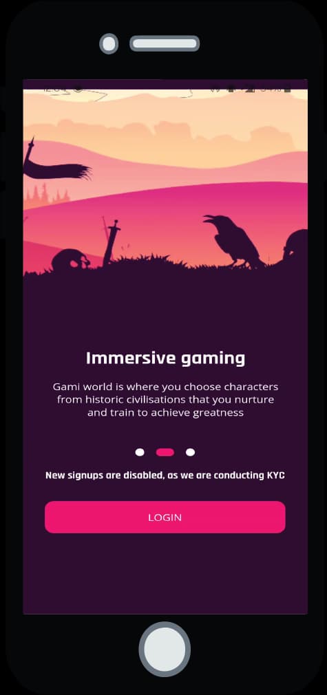 Mobile screen displaying the Gami immersive gaming introduction with a scenic view and the text Gami world is where you choose characters from historic civilizations that you nurture and train to achieve greatness.