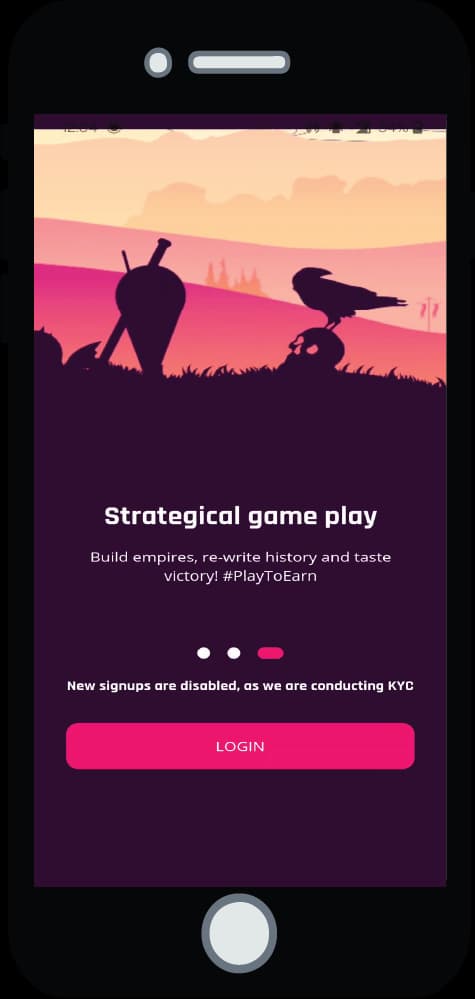 Mobile screen showcasing the Gami strategic gameplay screen with the text Build empires, re-write history