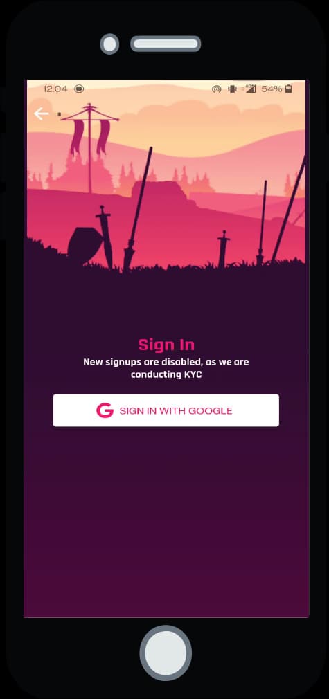 Mobile screen featuring the Gami sign-in screen with a battlefield background, the message Sign In above the option to sign in with Google.