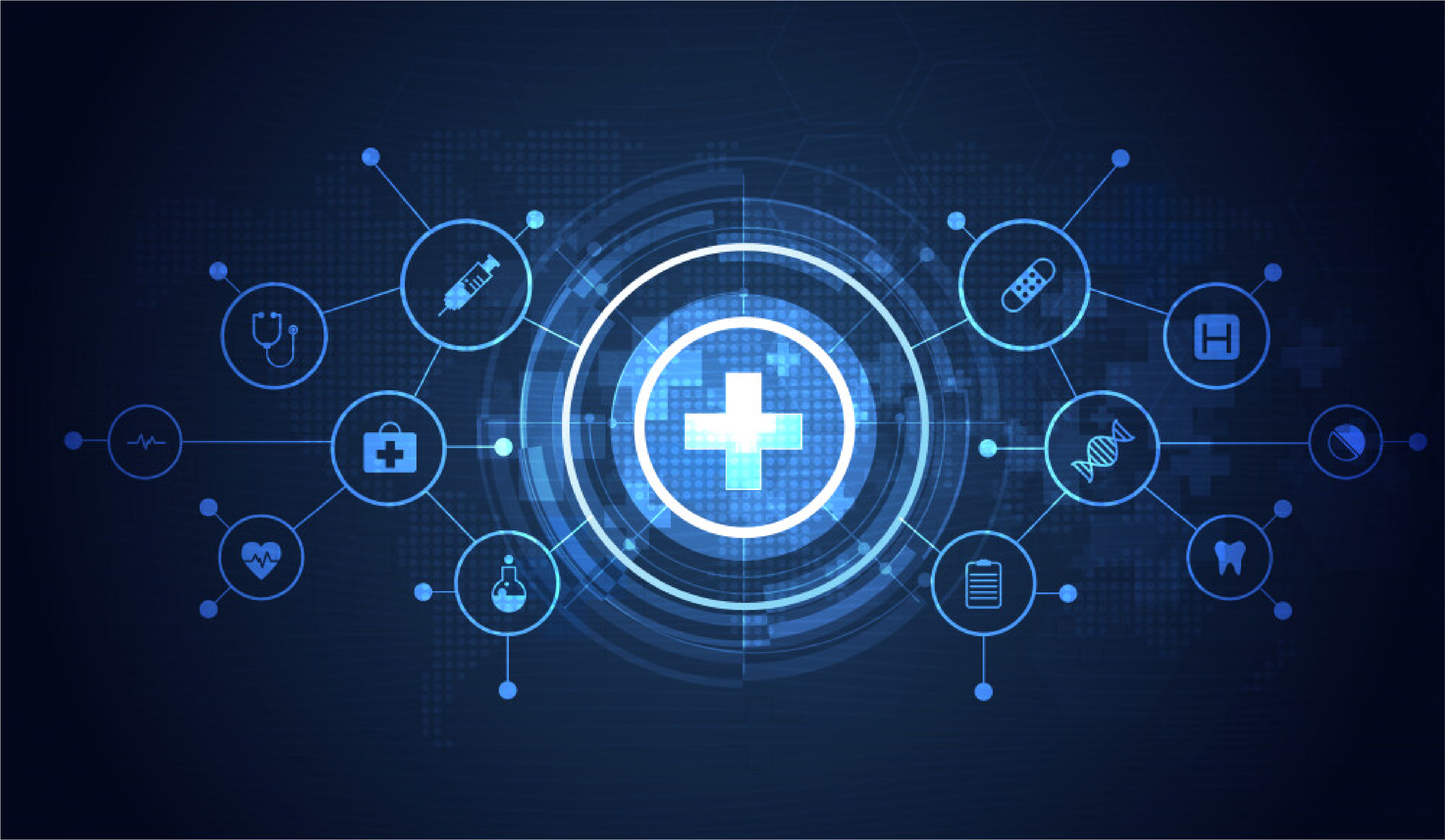 Medical icons connected in a digital interface with a glowing first aid symbol at the center, representing comprehensive healthcare systems.