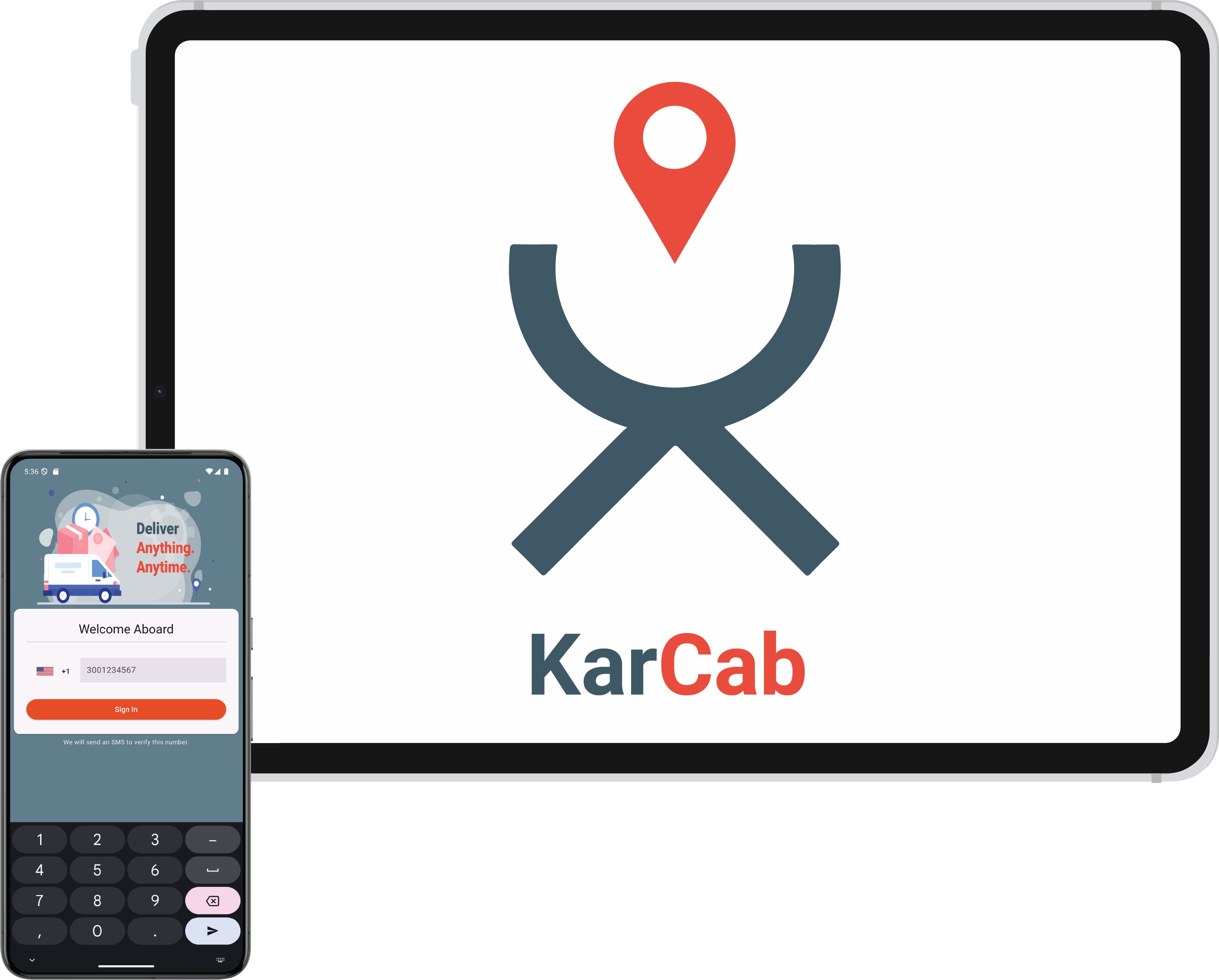 A mockup showcasing the KarCab application, featuring a prominent red and gray logo with a location pin above a stylized.