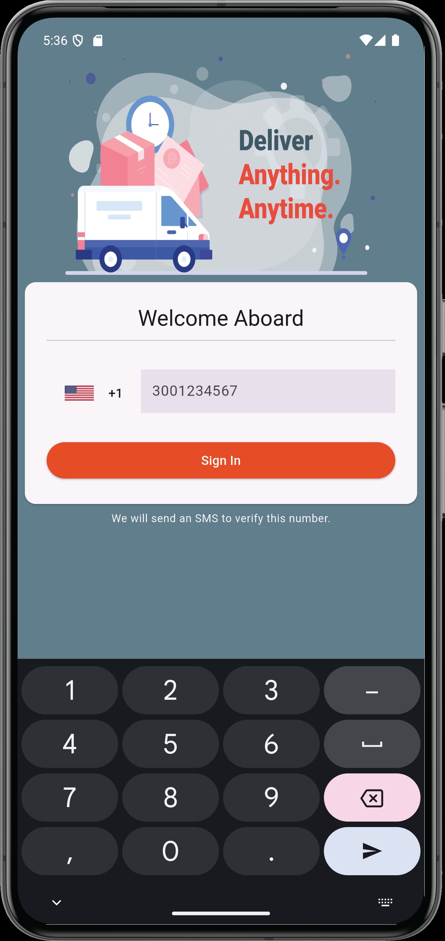 The login screen of the KarCab app on a mobile phone, showing a "Welcome Aboard" prompt with fields for entering a phone number and an orange "Sign In" button, along with a message stating that an SMS will be sent for verification.