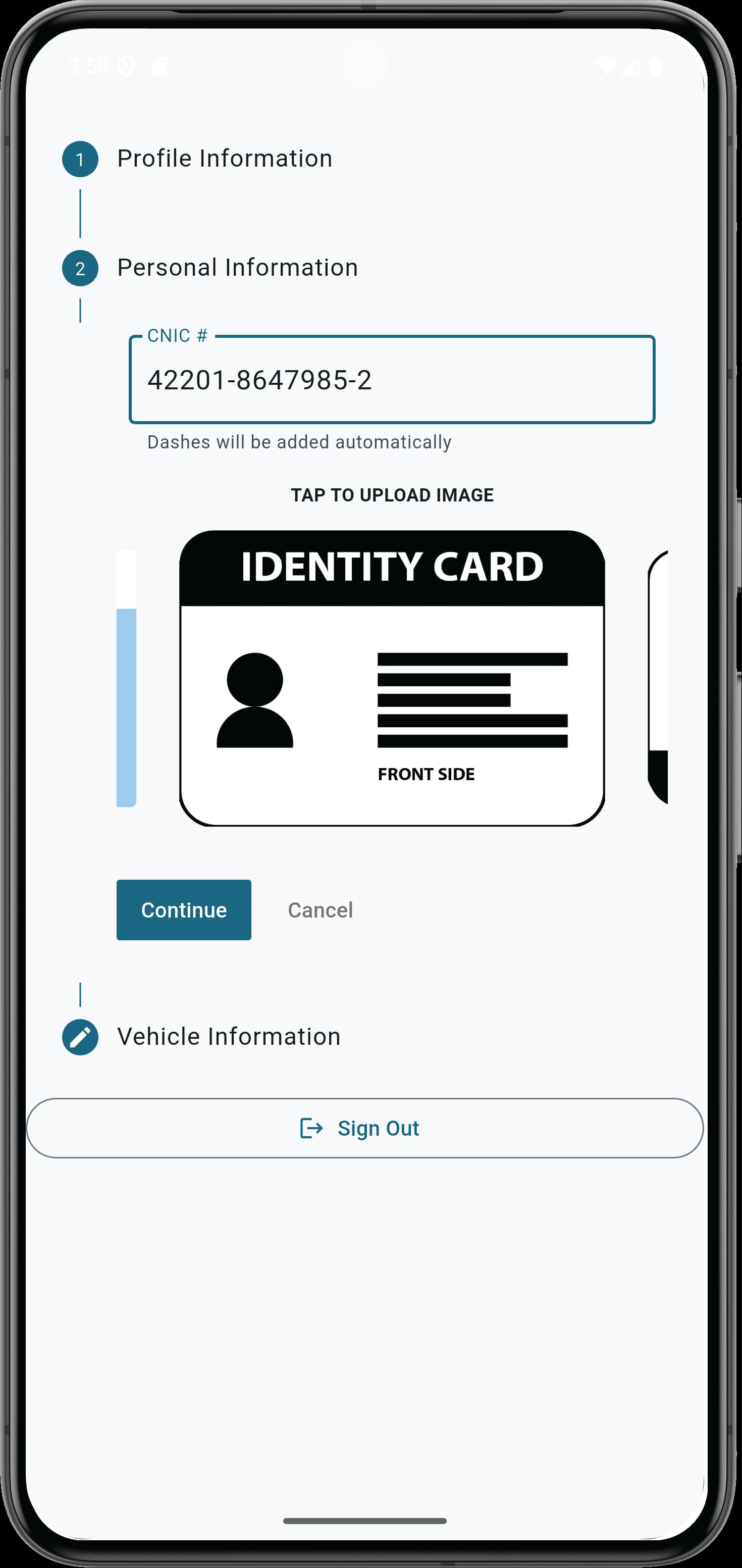 A screen requesting personal information such as CNIC (identity card) number with an option to upload an image of the ID card.