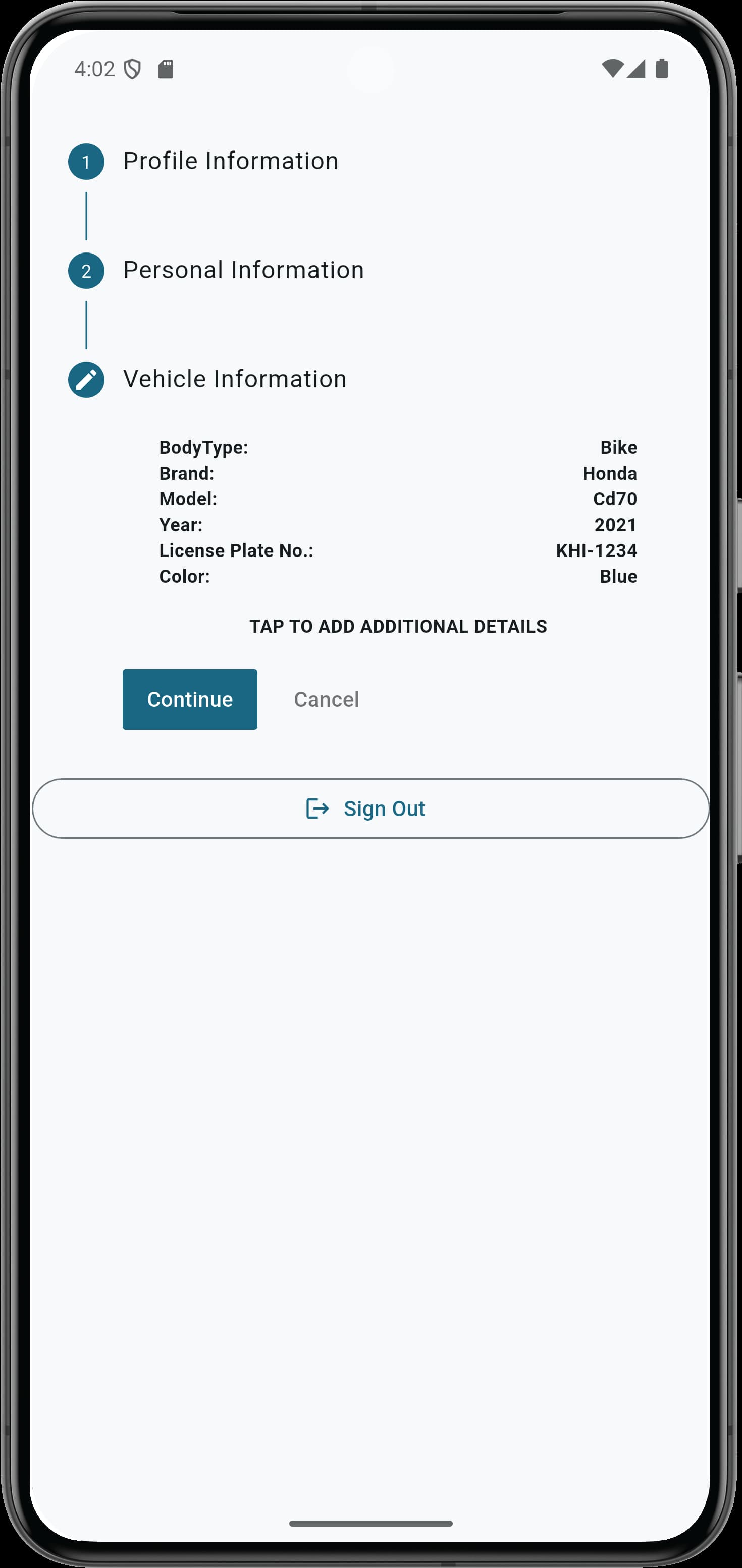 A summary view of entered vehicle details, including body type, brand, model, year, license plate number, and color, with an option to add additional details or continue.