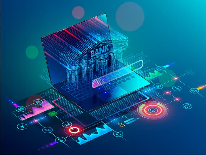 Laptop with digital banking interface and futuristic analytics icons, representing next-generation banking innovations.
