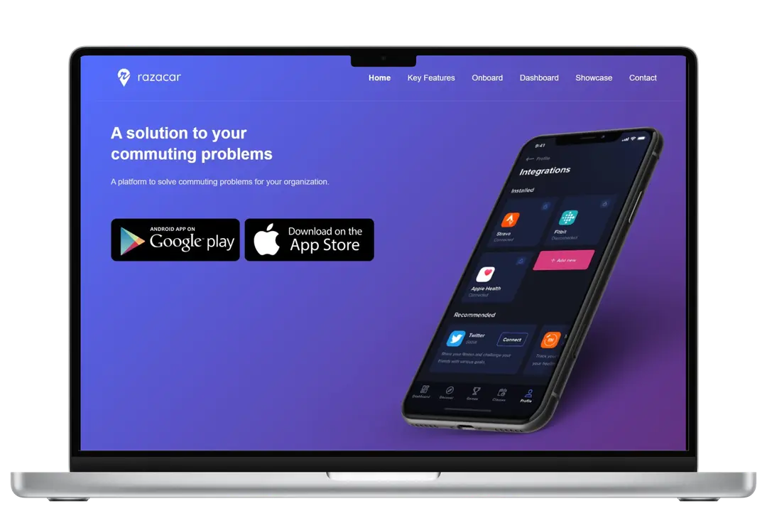 A mockup of the Razacar platform on a purple background, featuring app download links and key features designed to solve commuting problems for organizations, displayed on a smartphone.