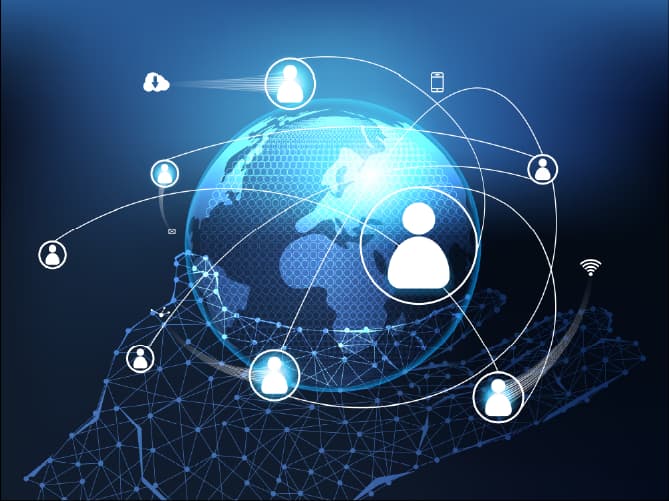 Global network visualization with interconnected user icons, representing fintech's impact on investments and financial connectivity.