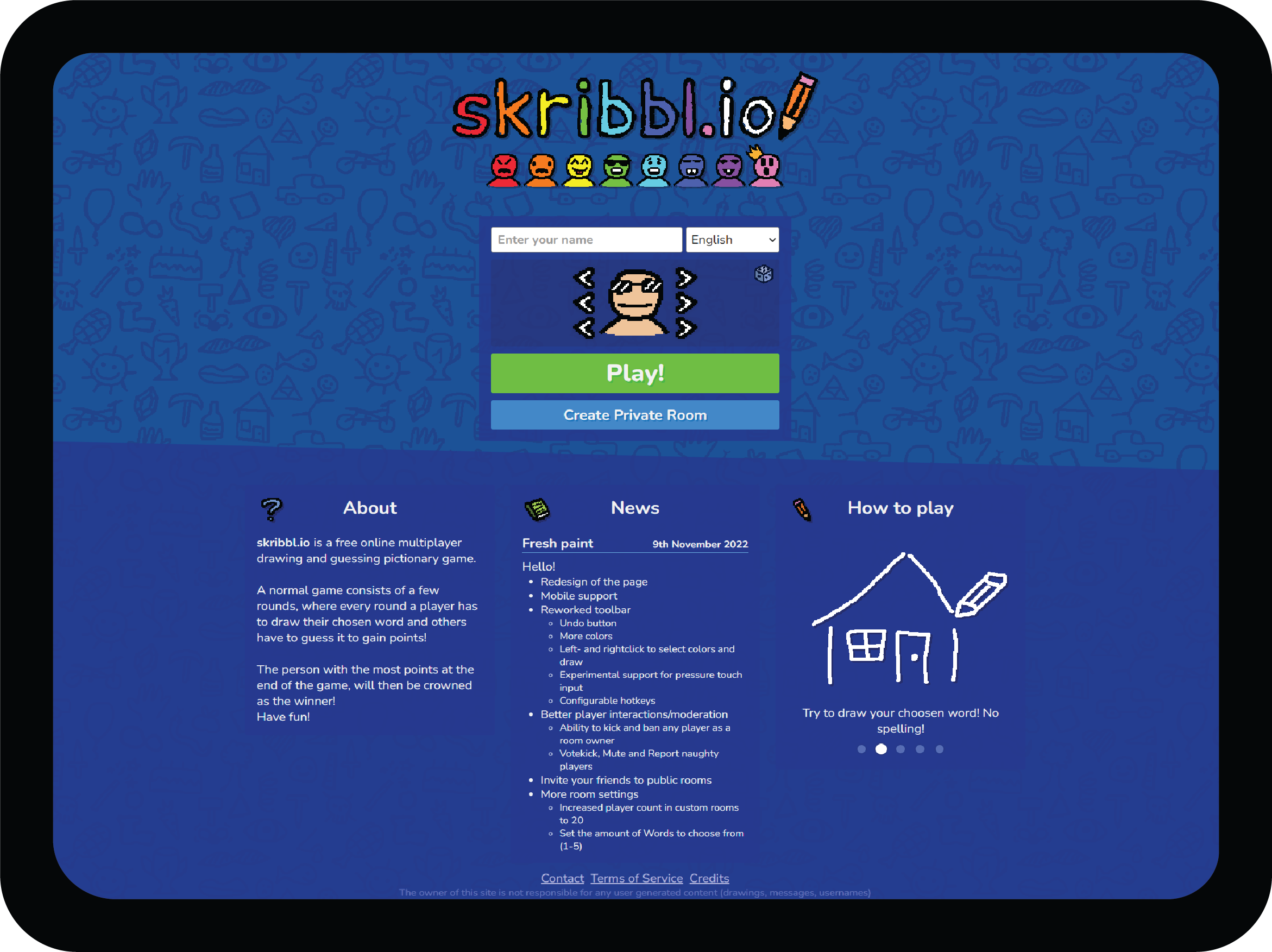 A screenshot of the homepage of Skribbl.io, an online multiplayer drawing and guessing game.