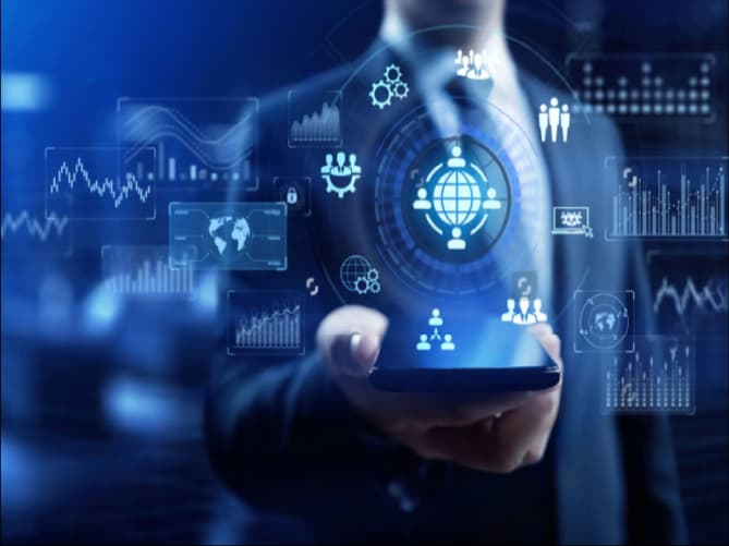 Business professional holding a smartphone with global financial data and analytics icons, highlighting smarter lending solutions.